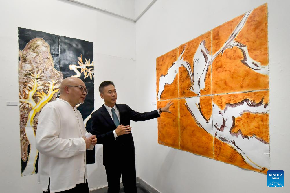 Imagen del 20 de febrero de 2025 del embajador de China en Cuba, Hua Xin (d), y un visitante observando una pintura exhibida en la exposición 'Puentes culturales: Diálogo Oriente-Occidente' como parte de la XV Bienal de Arte de La Habana, en la Biblioteca Nacional José Martí, en La Habana, capital de Cuba. Un grupo de pintores chinos contemporáneos sumaron sus obras a la XV Bienal de Arte de La Habana con la inauguración de la exposición 'Puentes culturales: Diálogo Oriente-Occidente'. (Xinhua/Joaquín Hernández)